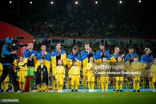 Team of Ukraine seen during the anthem during the UEFA EURO 2024 Play-Offs final match between Ukraine and Iceland at Tarczynski Arena on March 26,...