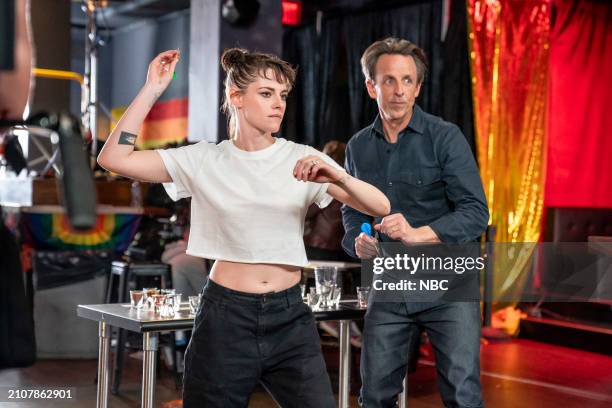 Episode 1501 -- Pictured: Actress Kristen Stewart and host Seth Meyers during "Day Drinking" on March 26, 2024 --