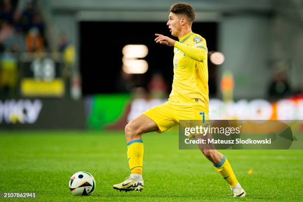 Georgiy Sudakov of Ukraine controls the ball during the UEFA EURO 2024 Play-Offs final match between Ukraine and Iceland at Tarczynski Arena on March...