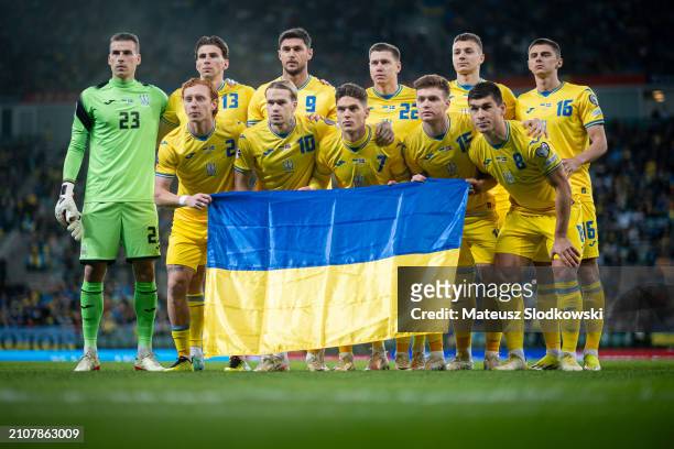 Team of Ukraine seen posing to the group picutre during the UEFA EURO 2024 Play-Offs final match between Ukraine and Iceland at Tarczynski Arena on...