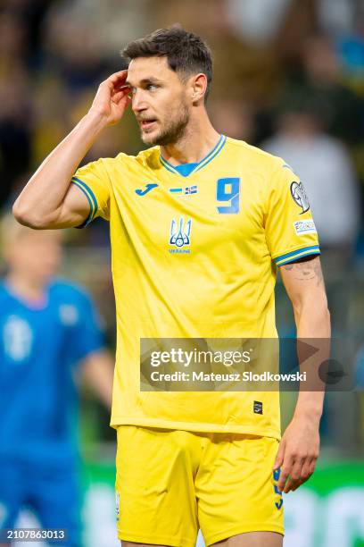 Roman Yaremchuk of Ukraine gestures during the UEFA EURO 2024 Play-Offs final match between Ukraine and Iceland at Tarczynski Arena on March 26, 2024...