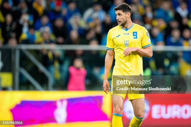 Roman Yaremchuk of Ukraine looks on during the UEFA EURO 2024 Play-Offs final match between Ukraine and Iceland at Tarczynski Arena on March 26, 2024...