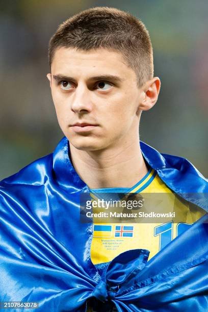 Vitaliy Mykolenko of Ukraine looks on during the UEFA EURO 2024 Play-Offs final match between Ukraine and Iceland at Tarczynski Arena on March 26,...
