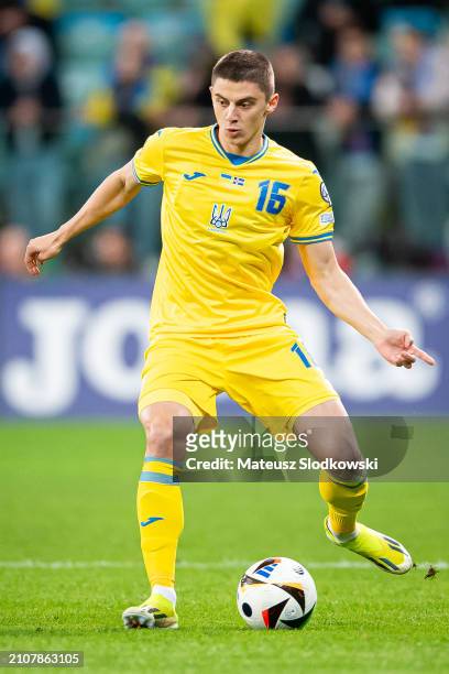Vitaliy Mykolenko of Ukraine controls the ball during the UEFA EURO 2024 Play-Offs final match between Ukraine and Iceland at Tarczynski Arena on...