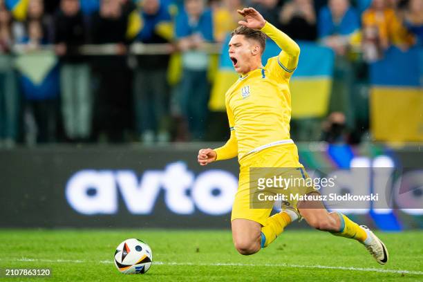 Georgiy Sudakov of Ukraine gestures during the UEFA EURO 2024 Play-Offs final match between Ukraine and Iceland at Tarczynski Arena on March 26, 2024...