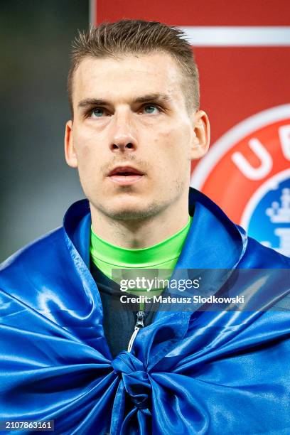 Andriy Lunin of Ukraine looks on during the UEFA EURO 2024 Play-Offs final match between Ukraine and Iceland at Tarczynski Arena on March 26, 2024 in...