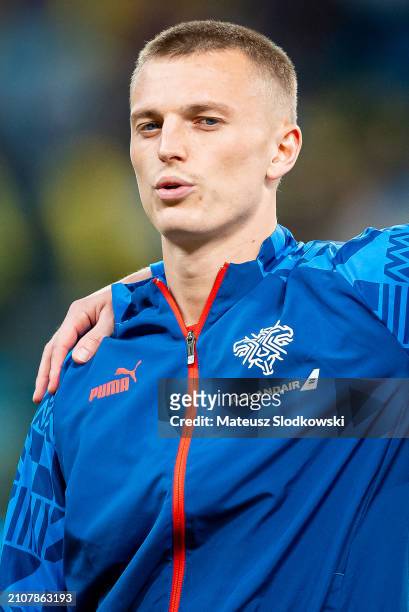 Albert Gudmundsson of Iceland looks on during the UEFA EURO 2024 Play-Offs final match between Ukraine and Iceland at Tarczynski Arena on March 26,...