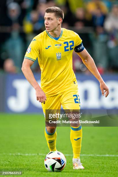 Mykola Matviyenko of Ukraine controls the ball during the UEFA EURO 2024 Play-Offs final match between Ukraine and Iceland at Tarczynski Arena on...