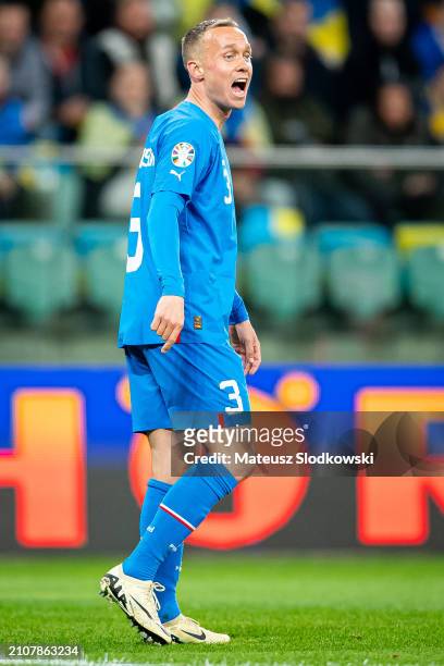 Gudmundur Thorarinsson of Iceland gestures during the UEFA EURO 2024 Play-Offs final match between Ukraine and Iceland at Tarczynski Arena on March...
