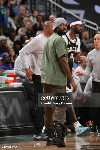 Patrick Beverley of the Milwaukee Bucks looks on during the game against the Los Angeles Lakers on March 26, 2024 at the Fiserv Forum Center in...