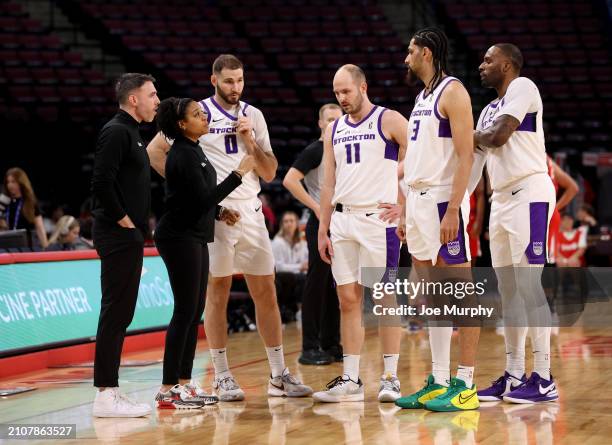 Lindsey Harding, head coach of the Stockton Kings talks with her players during a timeout against the Memphis Hustle during an NBA G-League game on...