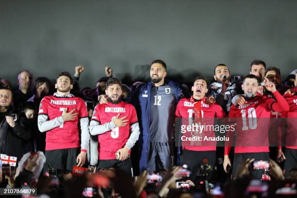 Georgian football players celebrate during the celebrations at Republic Square with thousand of fans as Georgia qualified for the UEFA EURO 2024...