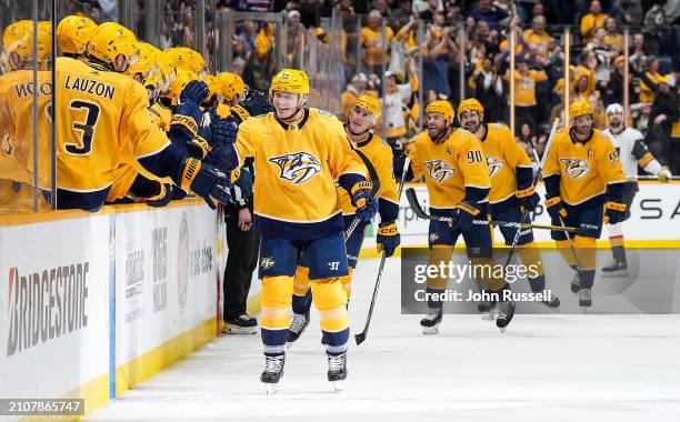 Gustav Nyquist of the Nashville Predators celebrates his game-tying goal against the Vegas Golden Knights during an NHL game at Bridgestone Arena on...