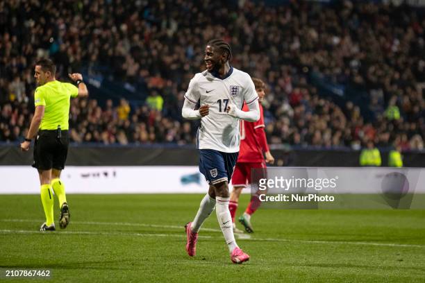 Sam Iling-Junior, wearing the jersey for England, is celebrating his goal during the UEFA Under 21 Championship match between the England Under 21s...