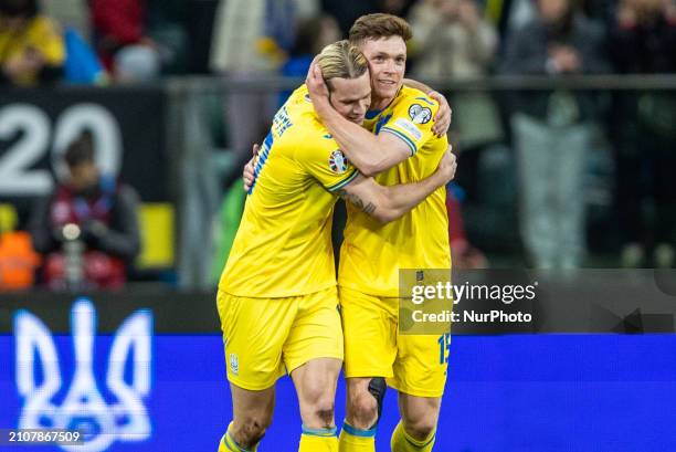 Mykhailo Mudryk and Viktor Tsygankov are playing in the UEFA EURO 2024 Play-Offs final match between Ukraine and Iceland in Wroclaw, Poland, on March...