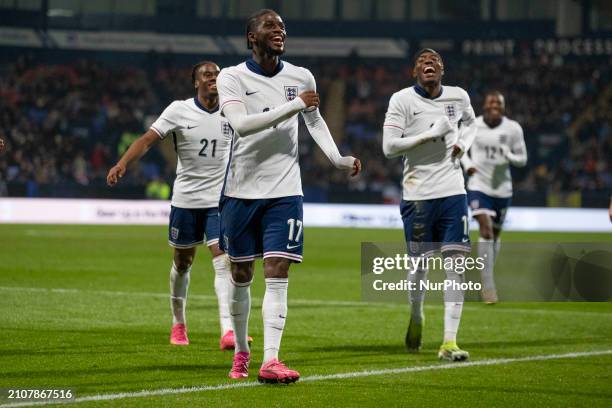 Sam Iling-Junior, wearing the jersey for England, is celebrating his goal during the UEFA Under 21 Championship match between the England Under 21s...