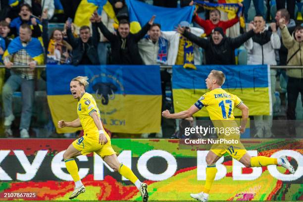 Mykhailo Mudryk and Oleksandr Zinchenko are playing in the UEFA EURO 2024 Play-Offs final match between Ukraine and Iceland in Wroclaw, Poland, on...
