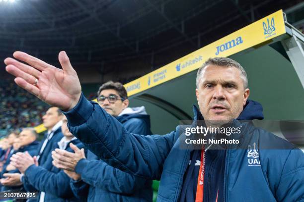 Serhii Rebrov, the head coach of Ukraine, is looking on before the UEFA EURO 2024 Play-Offs final match between Ukraine and Iceland in Wroclaw,...