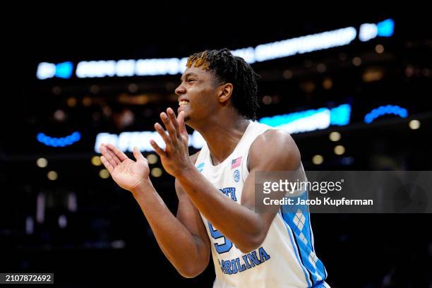 Harrison Ingram of the North Carolina Tar Heels reacts to a play during the second half against the Michigan State Spartans in the second round of...