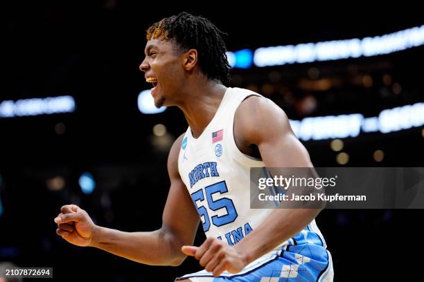 Harrison Ingram of the North Carolina Tar Heels reacts to a play during the second half against the Michigan State Spartans in the second round of...