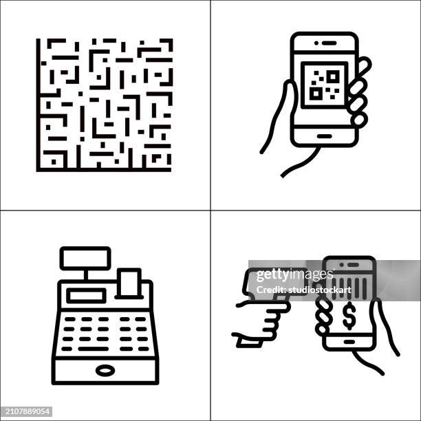 ilustraciones, imágenes clip art, dibujos animados e iconos de stock de iconos de línea de código barkode y qr. trazo editable - qr