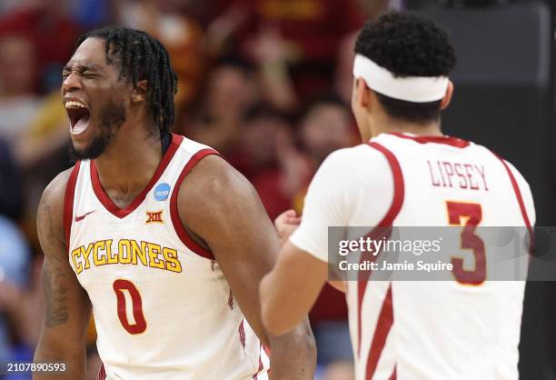 Tre King and Tamin Lipsey of the Iowa State Cyclones celebrate during the second half against the Washington State Cougars in the second round of the...