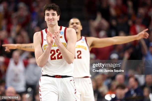 Milan Momcilovic and Robert Jones of the Iowa State Cyclones celebrate during the second half against the Washington State Cougars in the second...