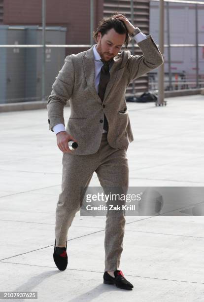 Jonathan Marchessault of the Vegas Golden Knights arrives prior to a game against the Columbus Blue Jackets at T-Mobile Arena on March 23, 2024 in...