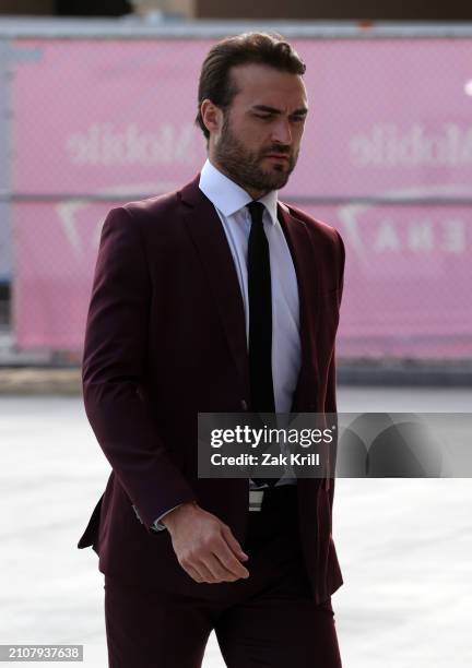 William Carrier of the Vegas Golden Knights arrives prior to a game against the Columbus Blue Jackets at T-Mobile Arena on March 23, 2024 in Las...