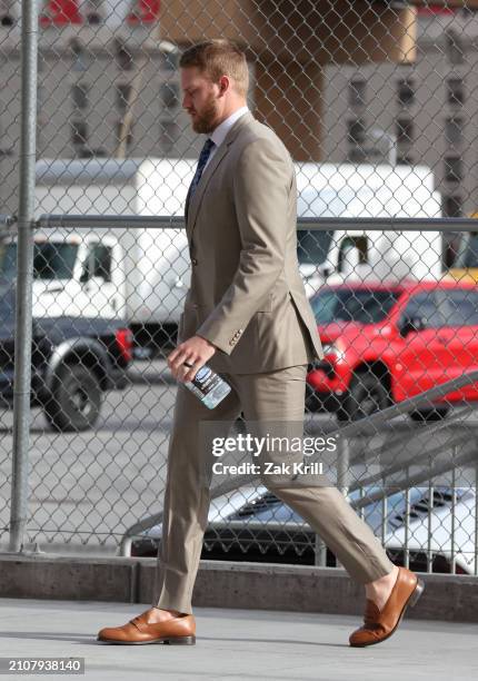 Anthony Mantha of the Vegas Golden Knights arrives prior to a game against the Columbus Blue Jackets at T-Mobile Arena on March 23, 2024 in Las...