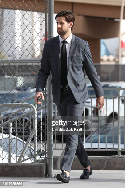 Nicolas Hague of the Vegas Golden Knights arrives prior to a game against the Columbus Blue Jackets at T-Mobile Arena on March 23, 2024 in Las Vegas,...
