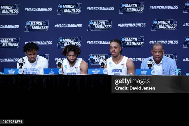 North Carolina Tar Heels speak during the post game press conference after the second round of the NCAA Men's Basketball Tournament against the...