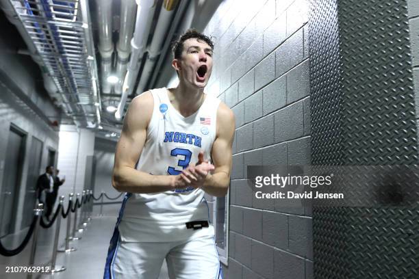 Cormac Ryan of the North Carolina Tar Heels reacts after the second round of the NCAA Men's Basketball Tournament against the Michigan State Spartans...