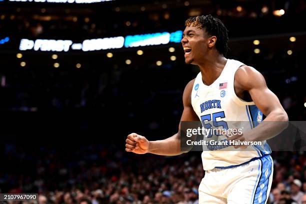 Harrison Ingram of the North Carolina Tar Heels reacts during the second half of the second round of the NCAA Men's Basketball Tournament against the...