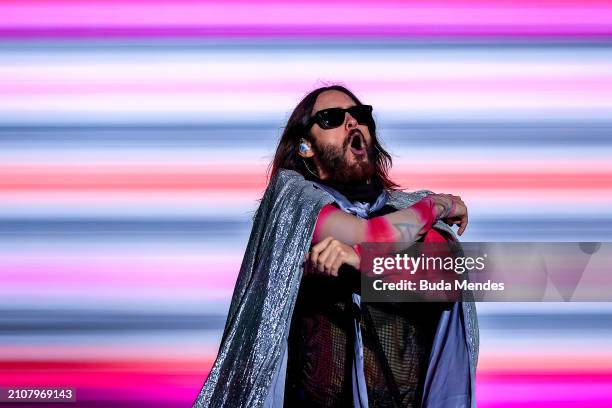 Jared Leto of Thirty Seconds to Mars performs live on stage during day two of Lollapalooza Brazil at Autodromo de Interlagos on March 23, 2024 in Sao...