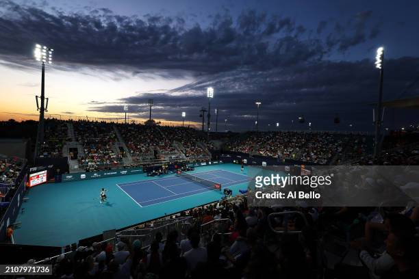 Felix Auger-Aliassime of Canada plays against Alexander Zverev of Germany during their match on day 8 of the Miami Open at Hard Rock Stadium on March...