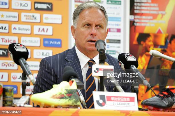 Head coach Jan Jonsson of Shimizu S-Pulse speaks at the post match press conference after the J.League J1 match between Shimizu S-Pulse and FC Tokyo...