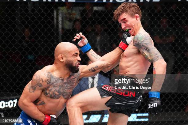 Miles Johns punches Cody Gibson in a bantamweight fight during the UFC Fight Night event at UFC APEX on March 23, 2024 in Las Vegas, Nevada.