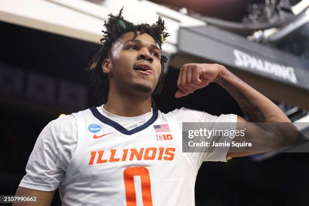 Terrence Shannon Jr. #0 of the Illinois Fighting Illini reacts during the first half against the Duquesne Dukes in the second round of the NCAA Men's...