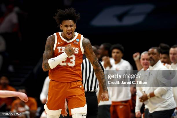 Dillon Mitchell of the Texas Longhorns reacts to a play during the first half against the Tennessee Volunteers in the second round of the NCAA Men's...