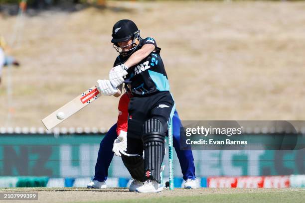 Sophie Devine of tne White Ferns hits a six during game three of the T20 International series between New Zealand and England at Saxton Field on...