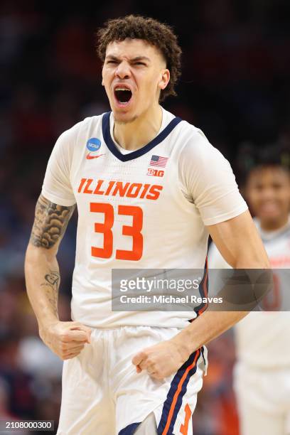 Coleman Hawkins of the Illinois Fighting Illini reacts during the first half against the Duquesne Dukes in the second round of the NCAA Men's...