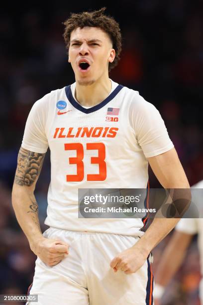 Coleman Hawkins of the Illinois Fighting Illini reacts during the first half against the Duquesne Dukes in the second round of the NCAA Men's...