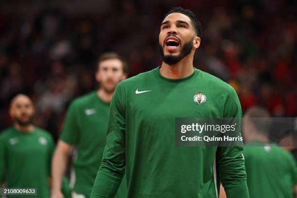 Jayson Tatum of the Boston Celtics reacts before the game against the Chicago Bulls at the United Center on March 23, 2024 in Chicago, Illinois. NOTE...