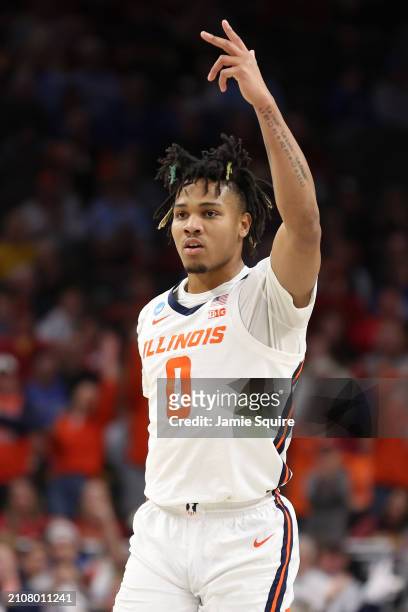 Terrence Shannon Jr. #0 of the Illinois Fighting Illini reacts during the first half against the Duquesne Dukes in the second round of the NCAA Men's...