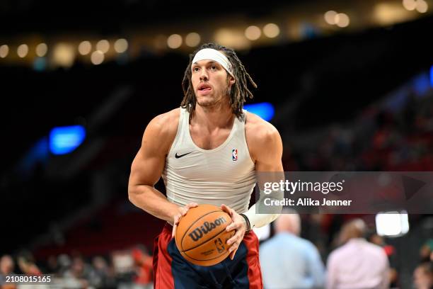 Aaron Gordon of the Denver Nuggets warms up before the game against the Portland Trail Blazers at the Moda Center on March 23, 2024 in Portland,...