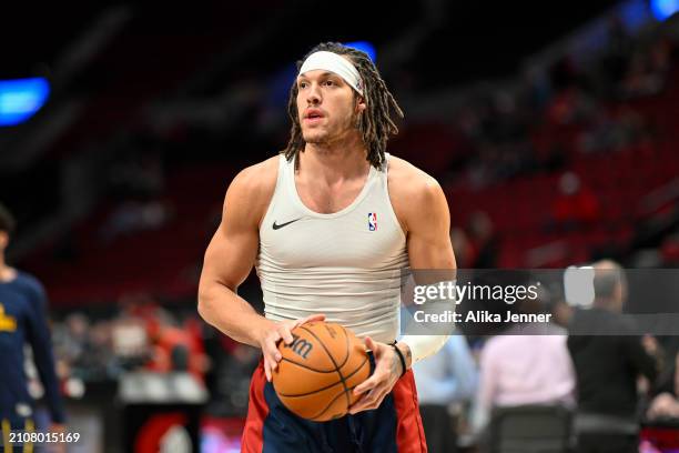 Aaron Gordon of the Denver Nuggets warms up before the game against the Portland Trail Blazers at the Moda Center on March 23, 2024 in Portland,...
