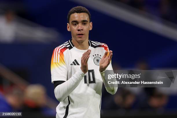 Jamal Musiala of Germany reacts during the international friendly match between France and Germany at Groupama Stadium on March 23, 2024 in Lyon,...