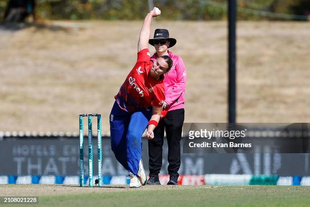 Danielle Gibson of England in action during game three of the T20 International series between New Zealand and England at Saxton Field on March 24,...
