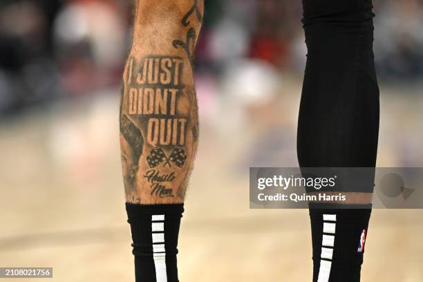 Detailed view of a tattoo on Jayson Tatum of the Boston Celtics during the game against the Chicago Bulls at the United Center on March 23, 2024 in...